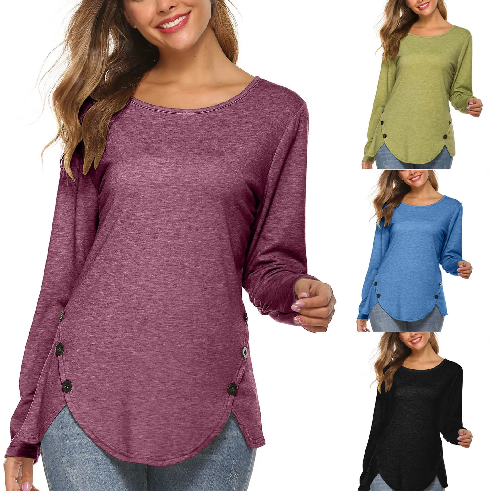 

Women Blouses женское плае Casual Solid Color O-Neck Pullover Long Sleeve irregular Tops Blouse Standard Thickness 2020 daily